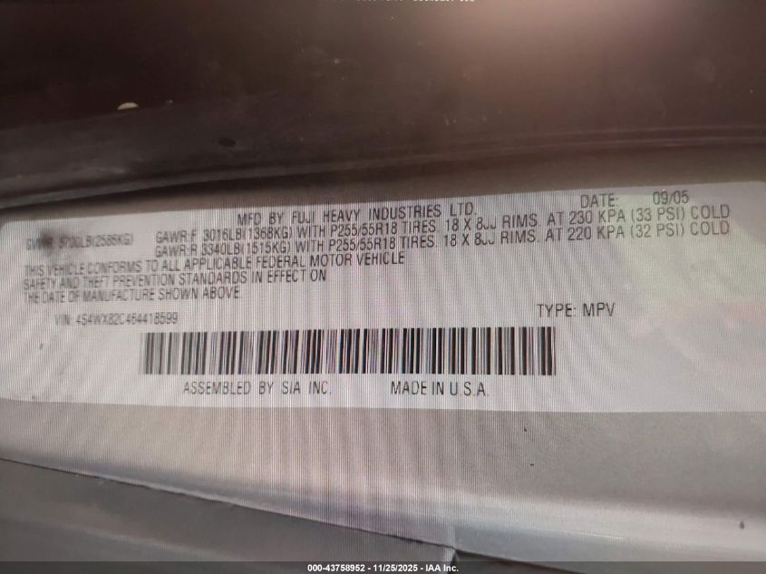 2006 Subaru B9 Tribeca VIN: 4S4WX82C464418599 Lot: 43758952