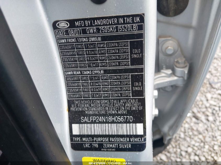 2008 Land Rover Lr2 Se VIN: SALFP24N18H056770 Lot: 43758956
