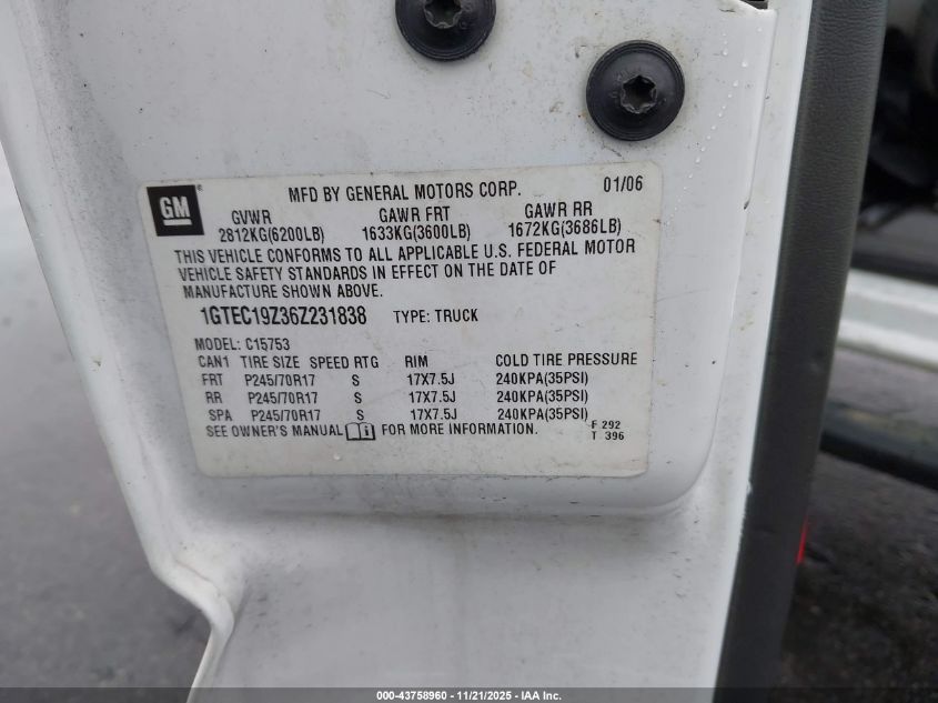 2006 GMC Sierra 1500 Sle1 VIN: 1GTEC19Z36Z231838 Lot: 43758960