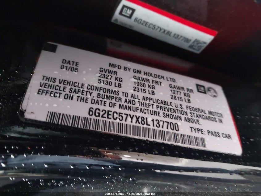 2008 Pontiac G8 Gt VIN: 6G2EC57YX8L137700 Lot: 43758980