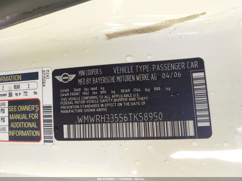2006 Mini Cooper S VIN: WMWRH33556TK58950 Lot: 43758981