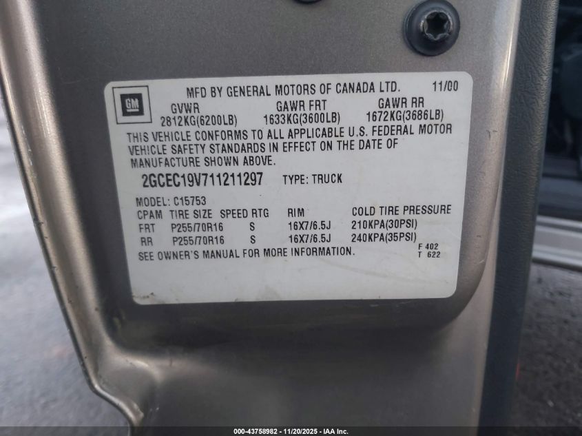 2001 Chevrolet Silverado 1500 Ls VIN: 2GCEC19V711211297 Lot: 43758982