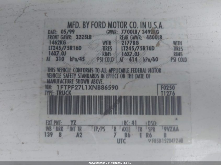 1999 Ford F-250 Lariat/Work Series/Xl/Xlt VIN: 1FTPF27L1XNB86590 Lot: 43758988