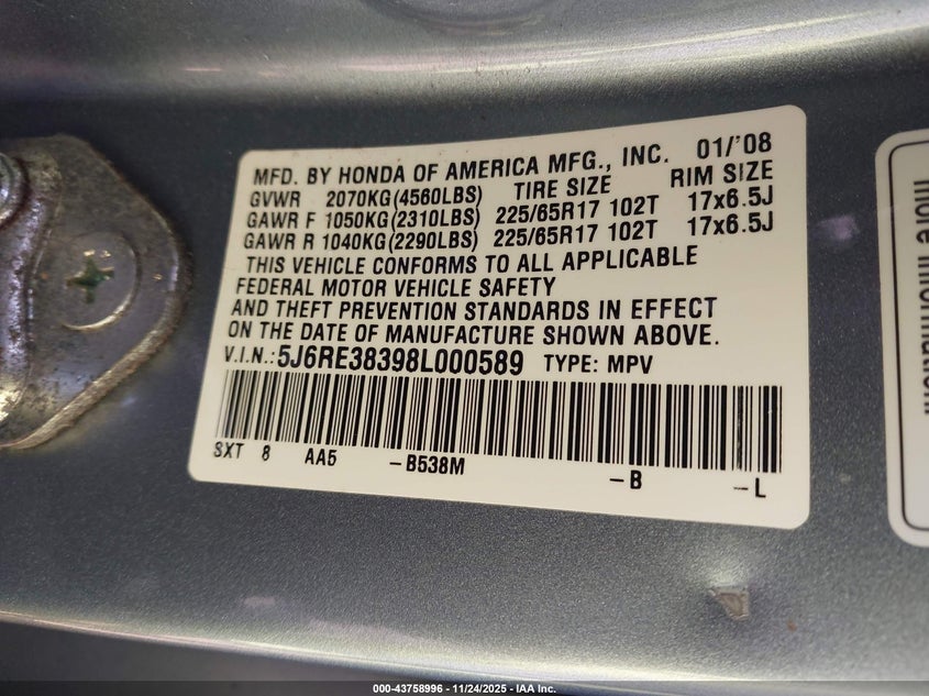 2008 Honda Cr-V Lx VIN: 5J6RE38398L000589 Lot: 43758996