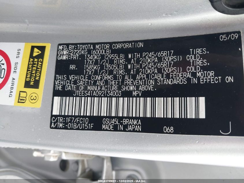 2009 Toyota Highlander VIN: JTEES41A092134003 Lot: 43759001