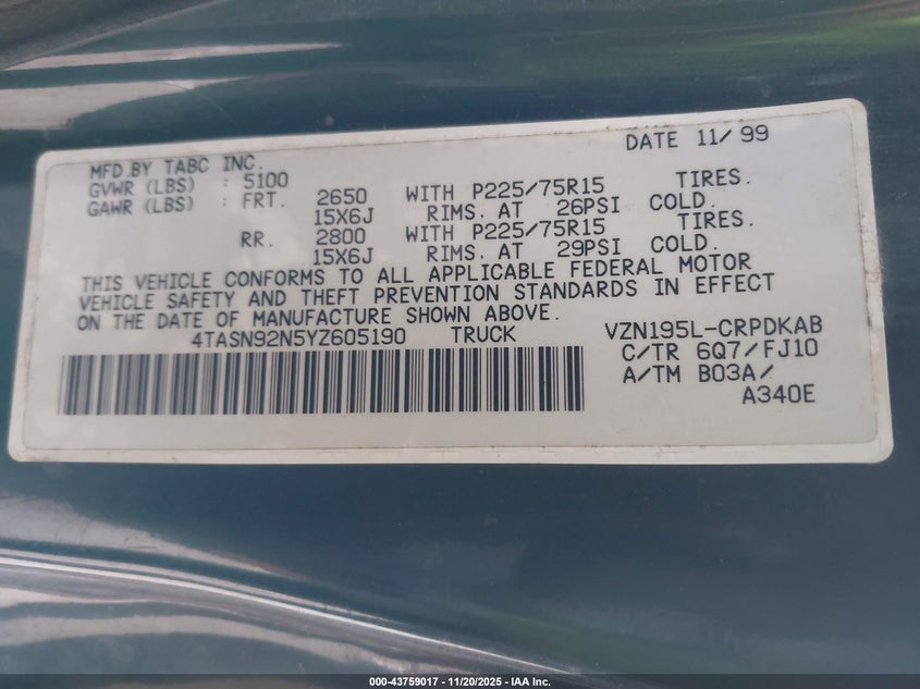 2000 Toyota Tacoma Prerunner V6 VIN: 4TASN92N5YZ605190 Lot: 43759017