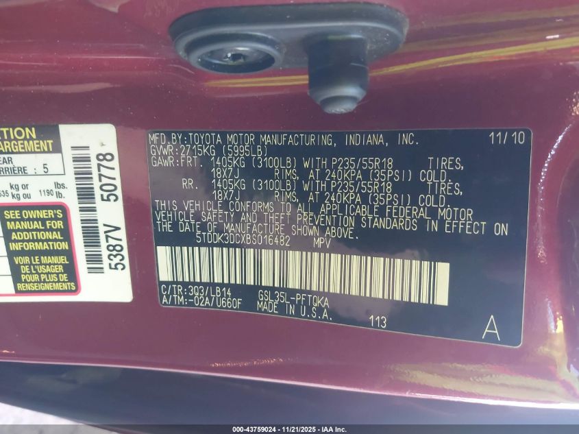 2011 Toyota Sienna Xle VIN: 5TDDK3DCXBS016482 Lot: 43759024