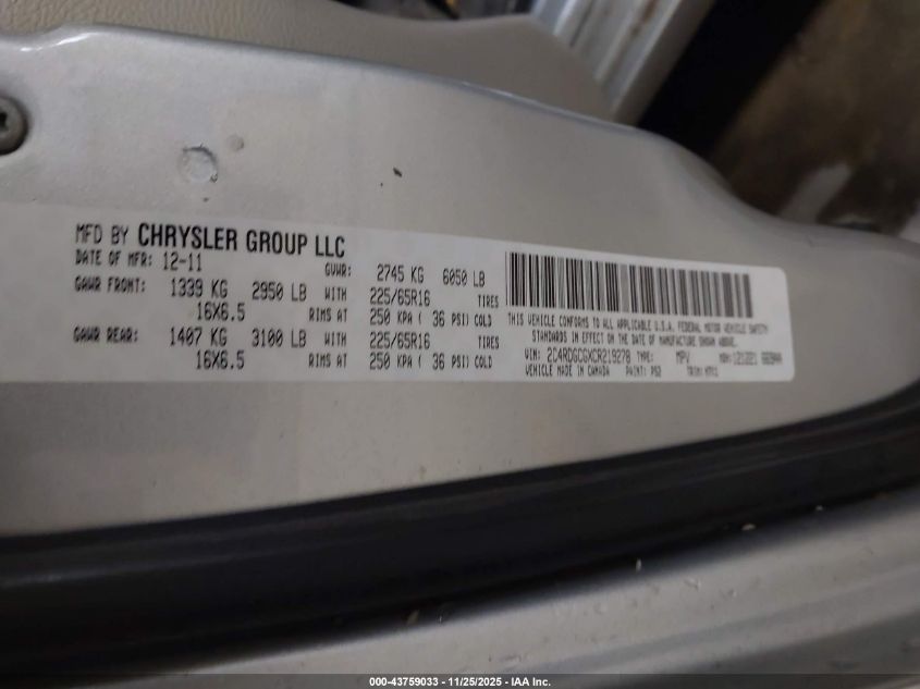 2012 Dodge Grand Caravan Sxt VIN: 2C4RDGCGXCR219278 Lot: 43759033