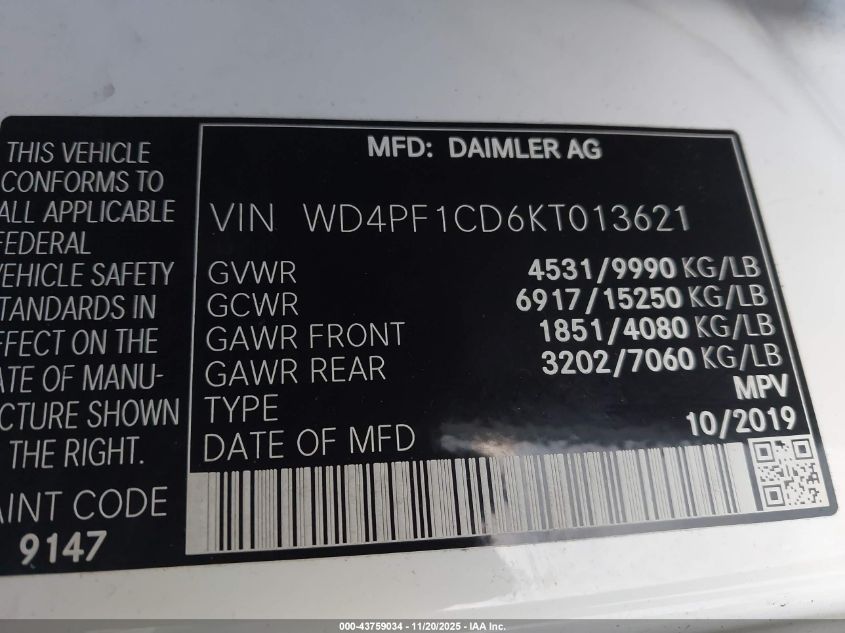 2019 Mercedes-Benz Sprinter 3500 High Roof V6 VIN: WD4PF1CD6KT013621 Lot: 43759034
