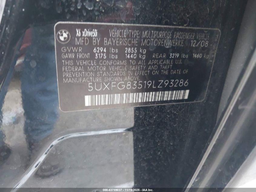 2009 BMW X6 xDrive50I VIN: 5UXFG83519LZ93286 Lot: 43759037