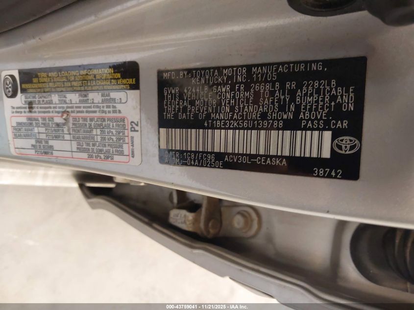 2006 Toyota Camry Se VIN: 4T1BE32K56U139788 Lot: 43759041