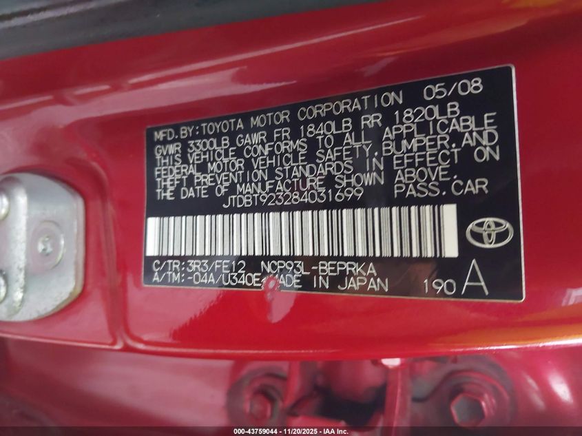 2008 Toyota Yaris VIN: JTDBT923284031699 Lot: 43759044