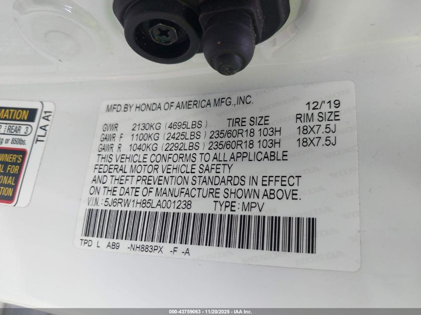 2020 Honda Cr-V 2Wd Ex-L VIN: 5J6RW1H85LA001238 Lot: 43759063