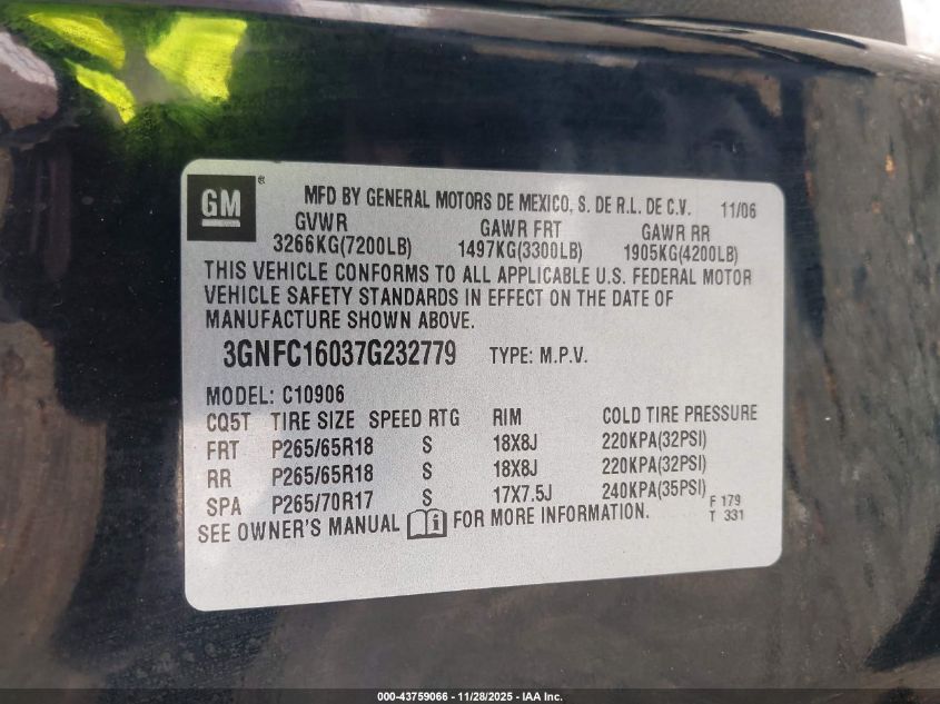 2007 Chevrolet Suburban 1500 Lt VIN: 3GNFC16037G232779 Lot: 43759066