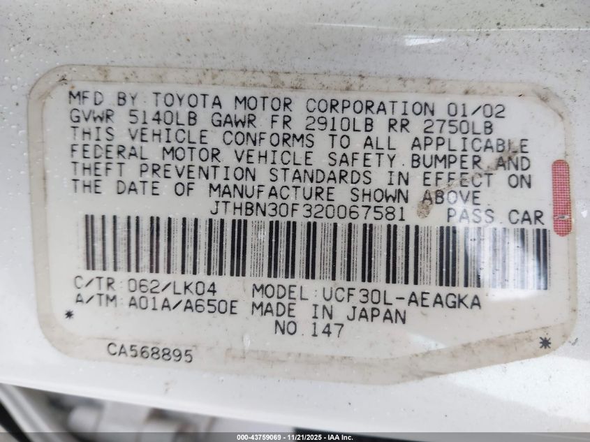 2002 Lexus Ls 430 VIN: JTHBN30F320067581 Lot: 43759069