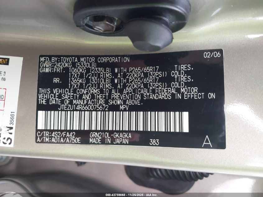 2006 Toyota 4Runner Sr5 V6 VIN: JTEZU14R660075672 Lot: 43759068