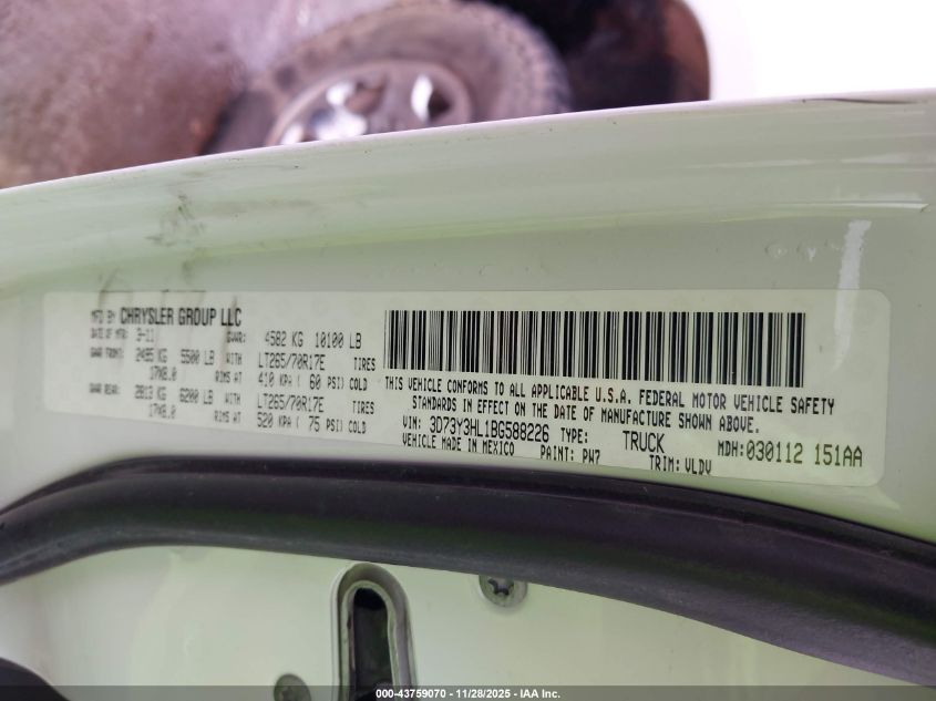 2011 Ram Ram 3500 Laramie VIN: 3D73Y3HL1BG588226 Lot: 43759070