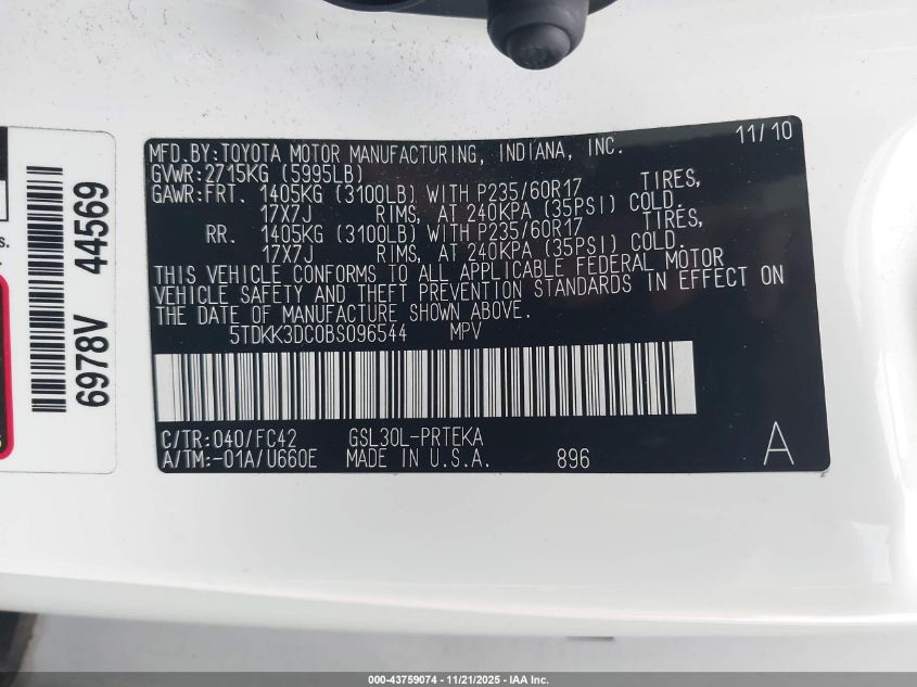 2011 Toyota Sienna Le V6 VIN: 5TDKK3DC0BS096544 Lot: 43759074