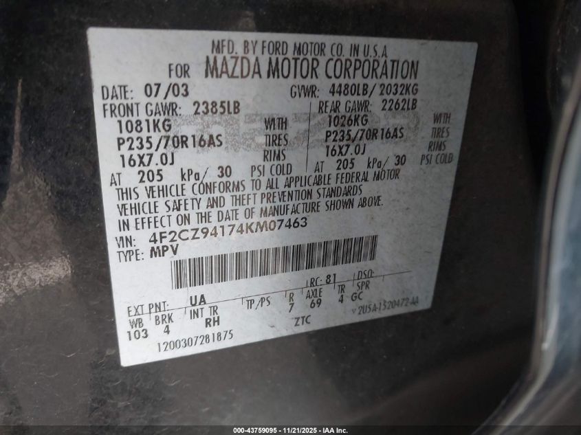 2004 Mazda Tribute Lx V6 VIN: 4F2CZ94174KM07463 Lot: 43759095