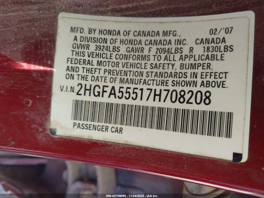 2007 Honda Civic Si VIN: 2HGFA55517H708208 Lot: 43759099