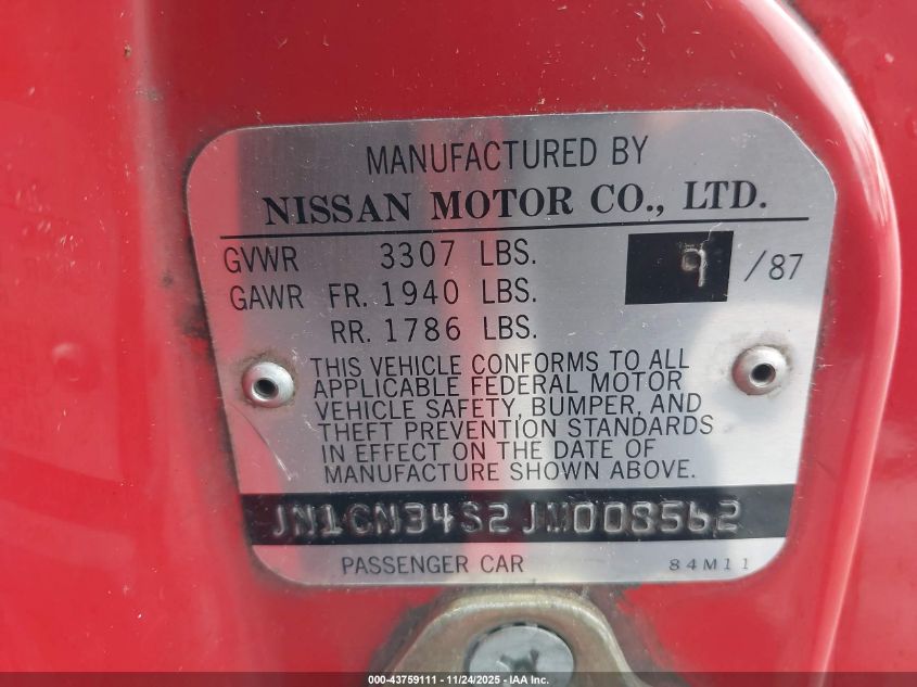 1988 Nissan Pulsar Nx Se VIN: JN1CN34S2JM008562 Lot: 43759111