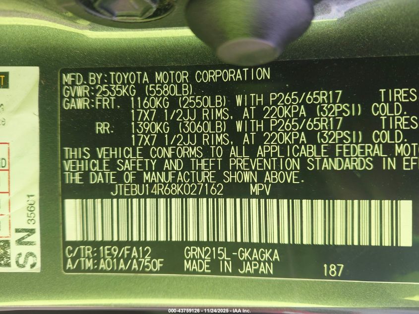 2008 Toyota 4Runner Sr5 V6 VIN: JTEBU14R68K027162 Lot: 43759126