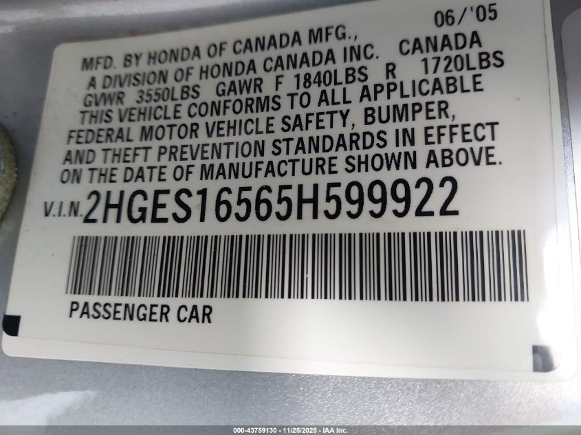 2005 Honda Civic Lx VIN: 2HGES16565H599922 Lot: 43759130