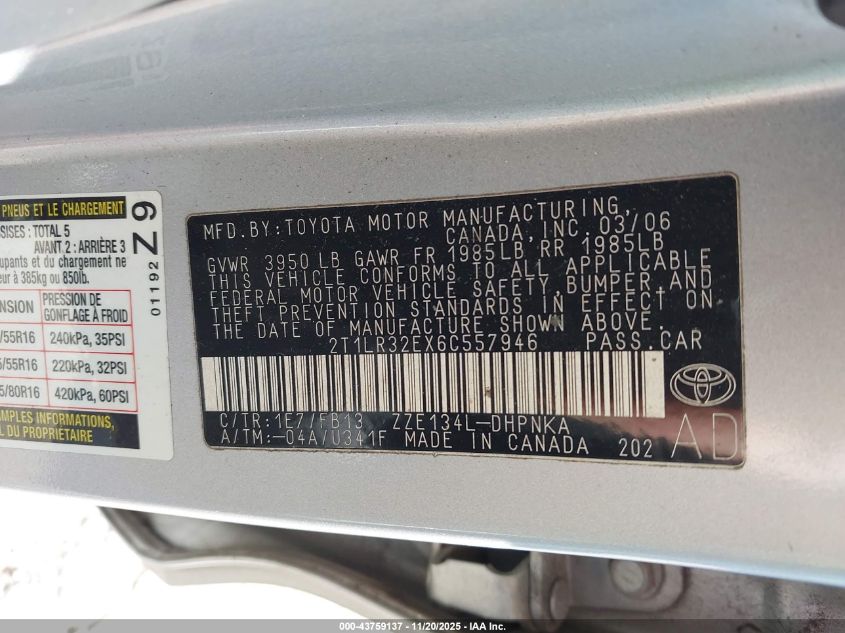 2006 Toyota Matrix Xr VIN: 2T1LR32EX6C557946 Lot: 43759137