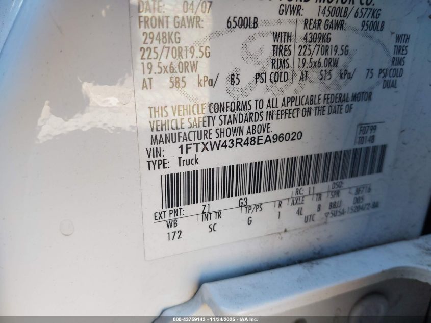 2008 Ford F-450 King Ranch/Lariat/Xl/Xlt VIN: 1FTXW43R48EA96020 Lot: 43759143
