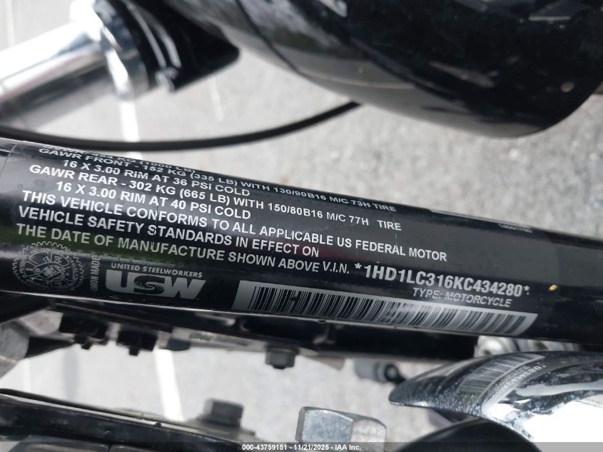 2019 Harley-Davidson Xl1200 X VIN: 1HD1LC316KC434280 Lot: 43759151