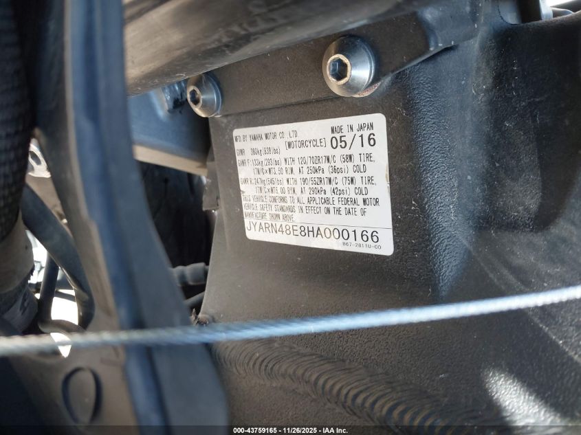 2017 Yamaha Fz10 VIN: JYARN48E8HA000166 Lot: 43759165