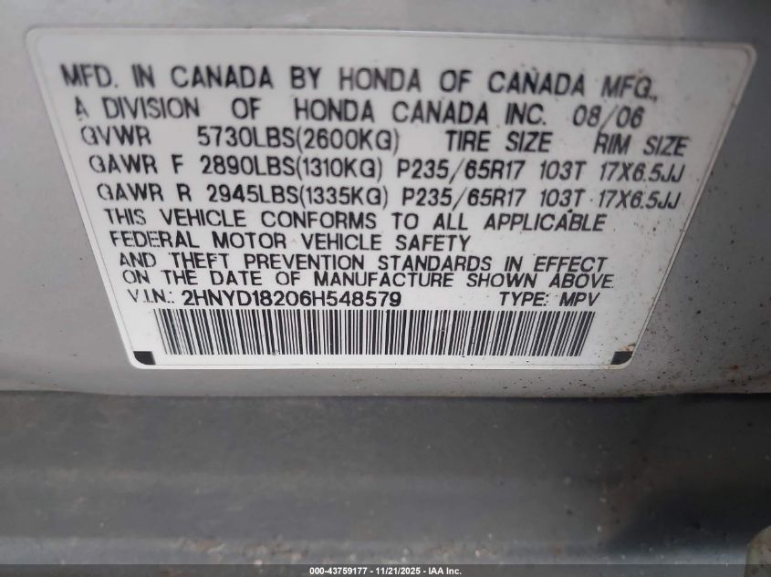 2006 Acura Mdx VIN: 2HNYD18206H548579 Lot: 43759177