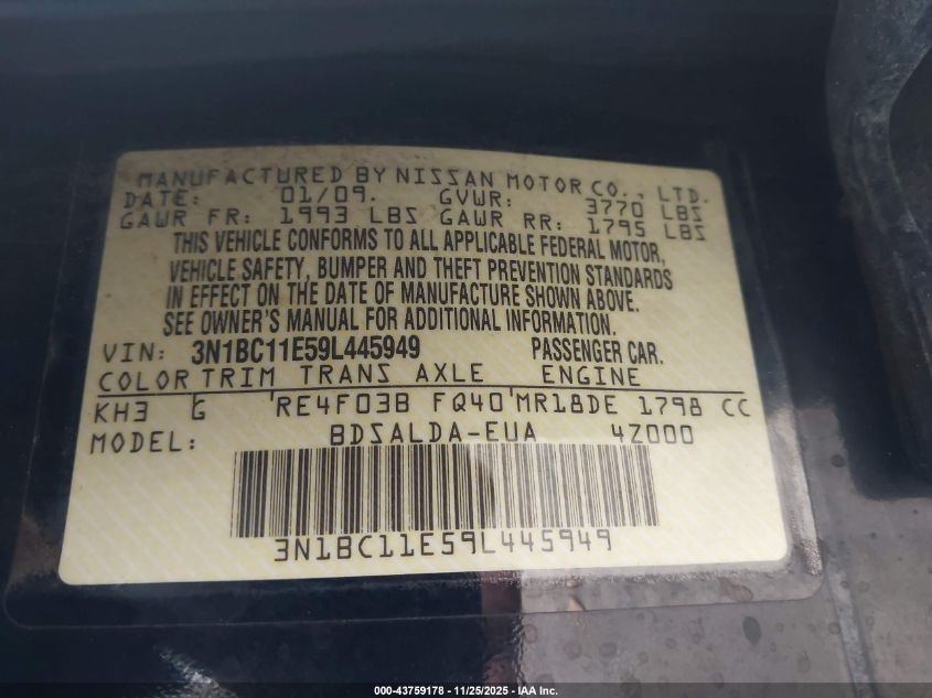 2009 Nissan Versa 1.8S VIN: 3N1BC11E59L445949 Lot: 43759178