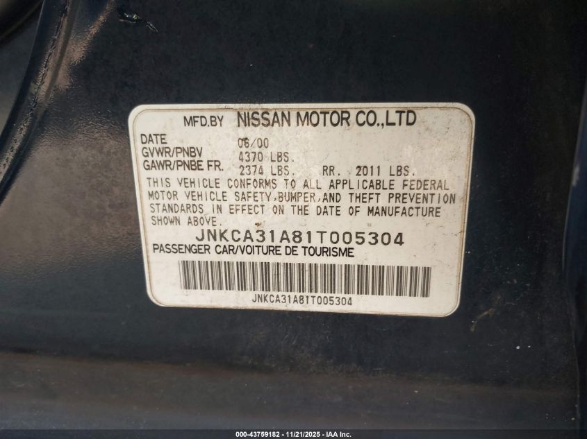 2001 Infiniti I30 Touring VIN: JNKCA31A81T005304 Lot: 43759182