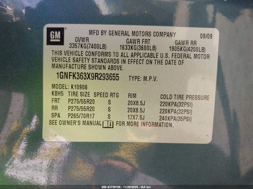 2009 Chevrolet Suburban 1500 Ltz VIN: 1GNFK363X9R293655 Lot: 43759186