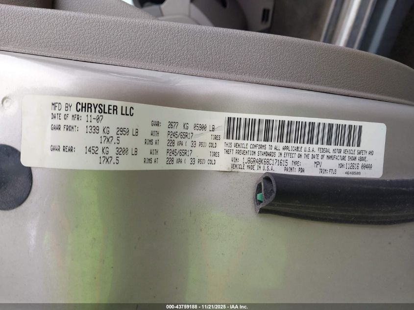 2008 Jeep Grand Cherokee Laredo VIN: 1J8GR48K68C171615 Lot: 43759188