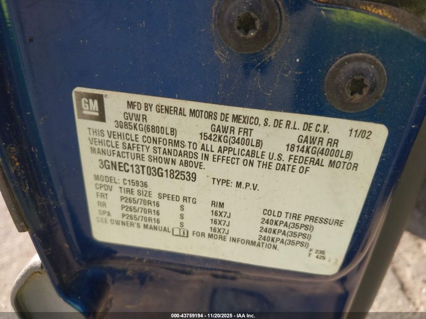 2003 Chevrolet Avalanche 1500 VIN: 3GNEC13T03G182539 Lot: 43759194