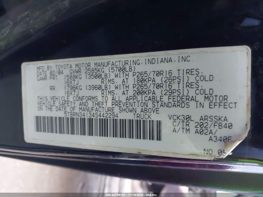 2004 Toyota Tundra Sr5 VIN: 5TBRN34134S442294 Lot: 43759197
