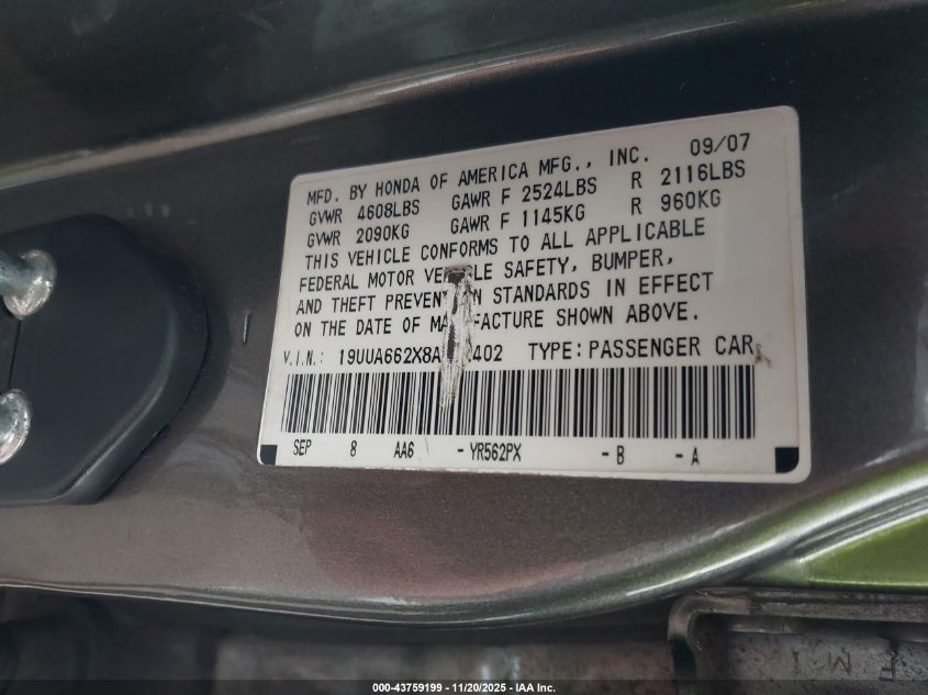 2008 Acura Tl 3.2 VIN: 19UUA662X8A012402 Lot: 43759199