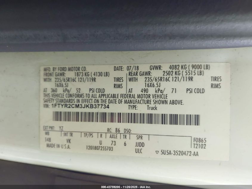 2018 Ford Transit-250 VIN: 1FTYR2CM3JKB37734 Lot: 43759200