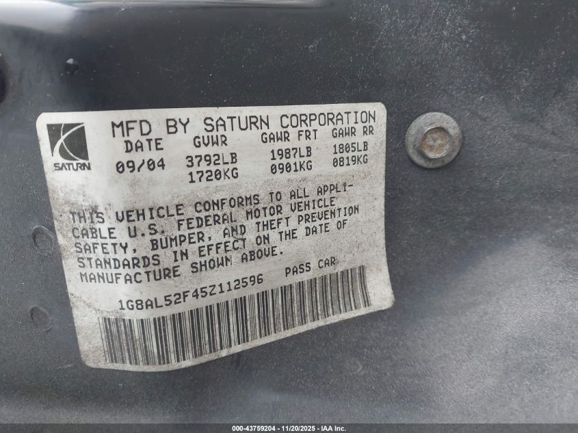 2005 Saturn Ion 3 VIN: 1G8AL52F45Z112596 Lot: 43759204