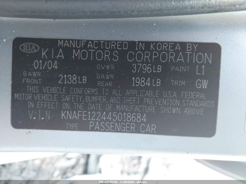 2004 Kia Spectra Ex/Lx VIN: KNAFE122445018684 Lot: 43759229
