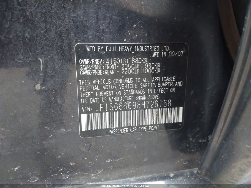 2008 Subaru Forester Sports 2.5X VIN: JF1SG66698H726168 Lot: 43759236