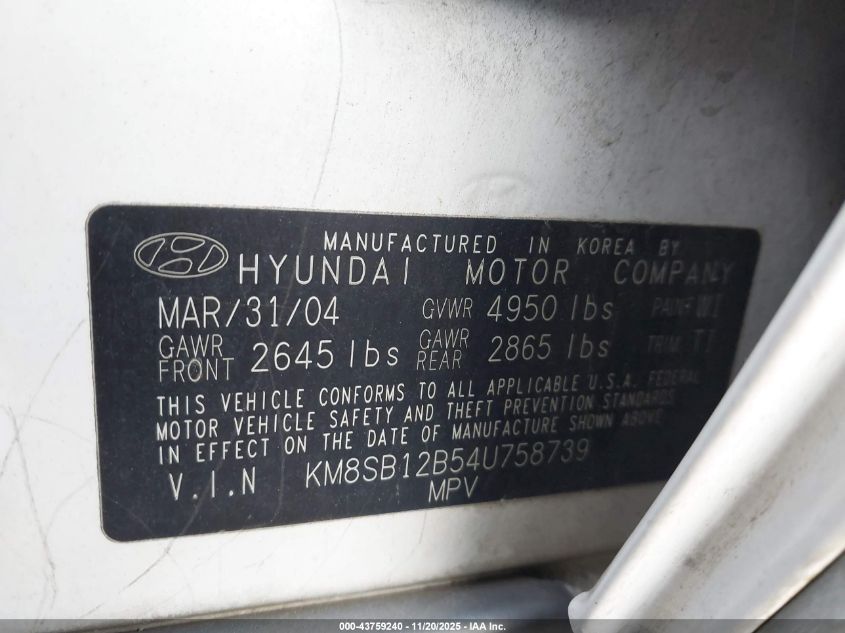 2004 Hyundai Santa Fe VIN: KM8SB12B54U758739 Lot: 43759240