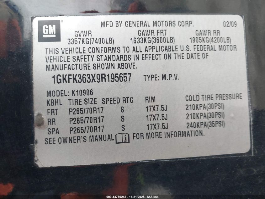 2009 GMC Yukon Xl 1500 Slt1 VIN: 1GKFK363X9R195657 Lot: 43759243