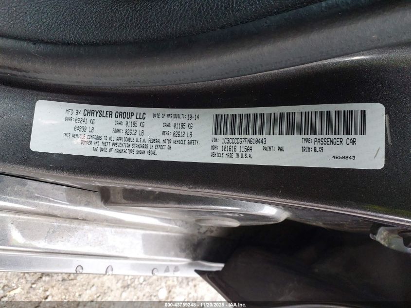 2015 Chrysler 200 S VIN: 1C3CCCDG7FN610443 Lot: 43759248