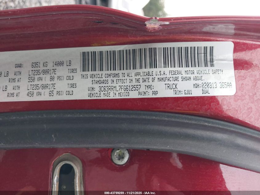 2015 Ram 3500 Laramie VIN: 3C63RRML7FG612557 Lot: 43759259