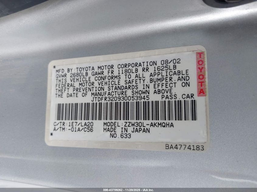 2003 Toyota Mr2 Spyder VIN: JTDFR320930053945 Lot: 43759262