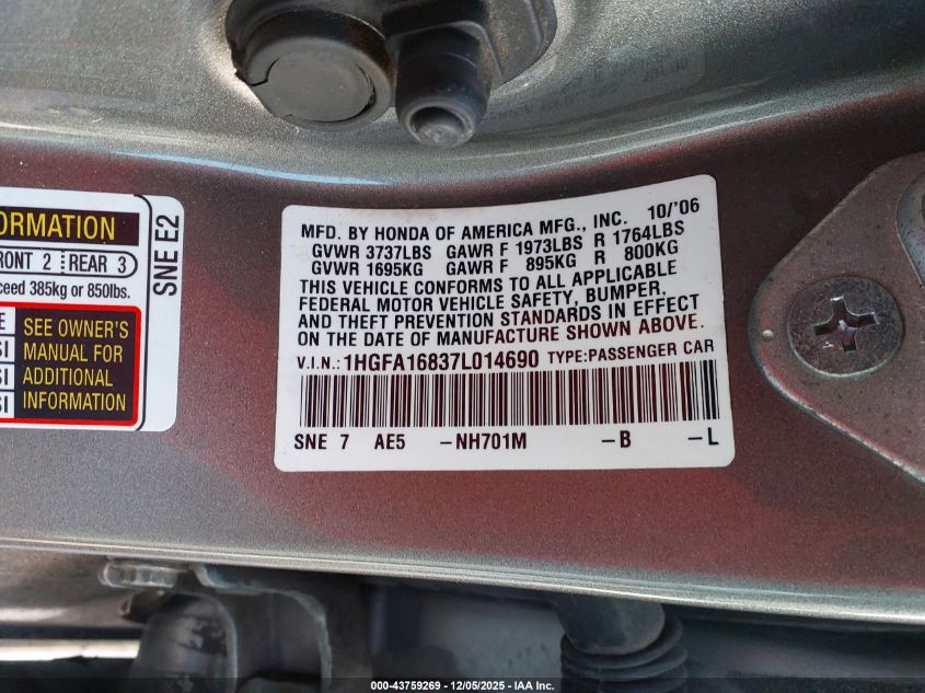 2007 Honda Civic Ex VIN: 1HGFA16837L014690 Lot: 43759269