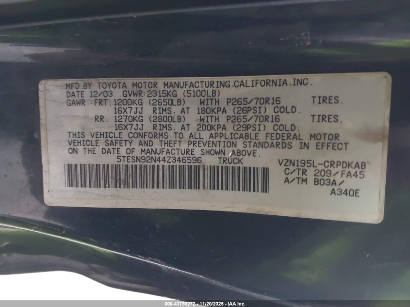 2004 Toyota Tacoma Prerunner V6 VIN: 5TESN92N44Z346596 Lot: 43759272
